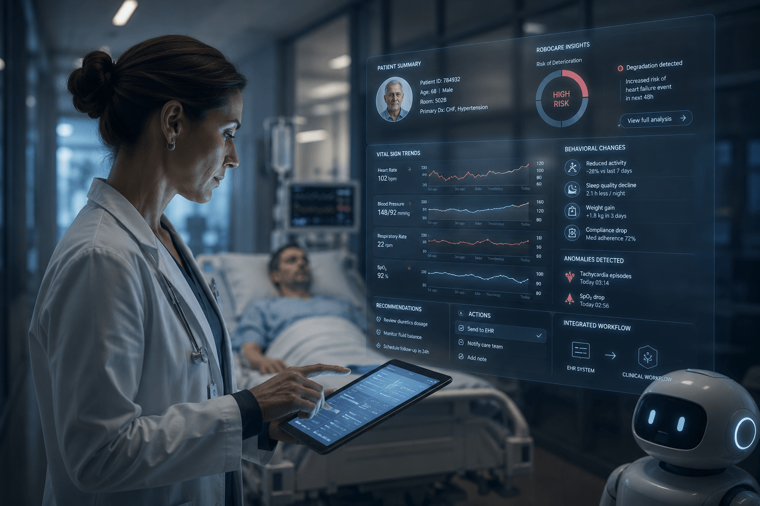ROBOCARE robots assisting clinical staff during patient rounds